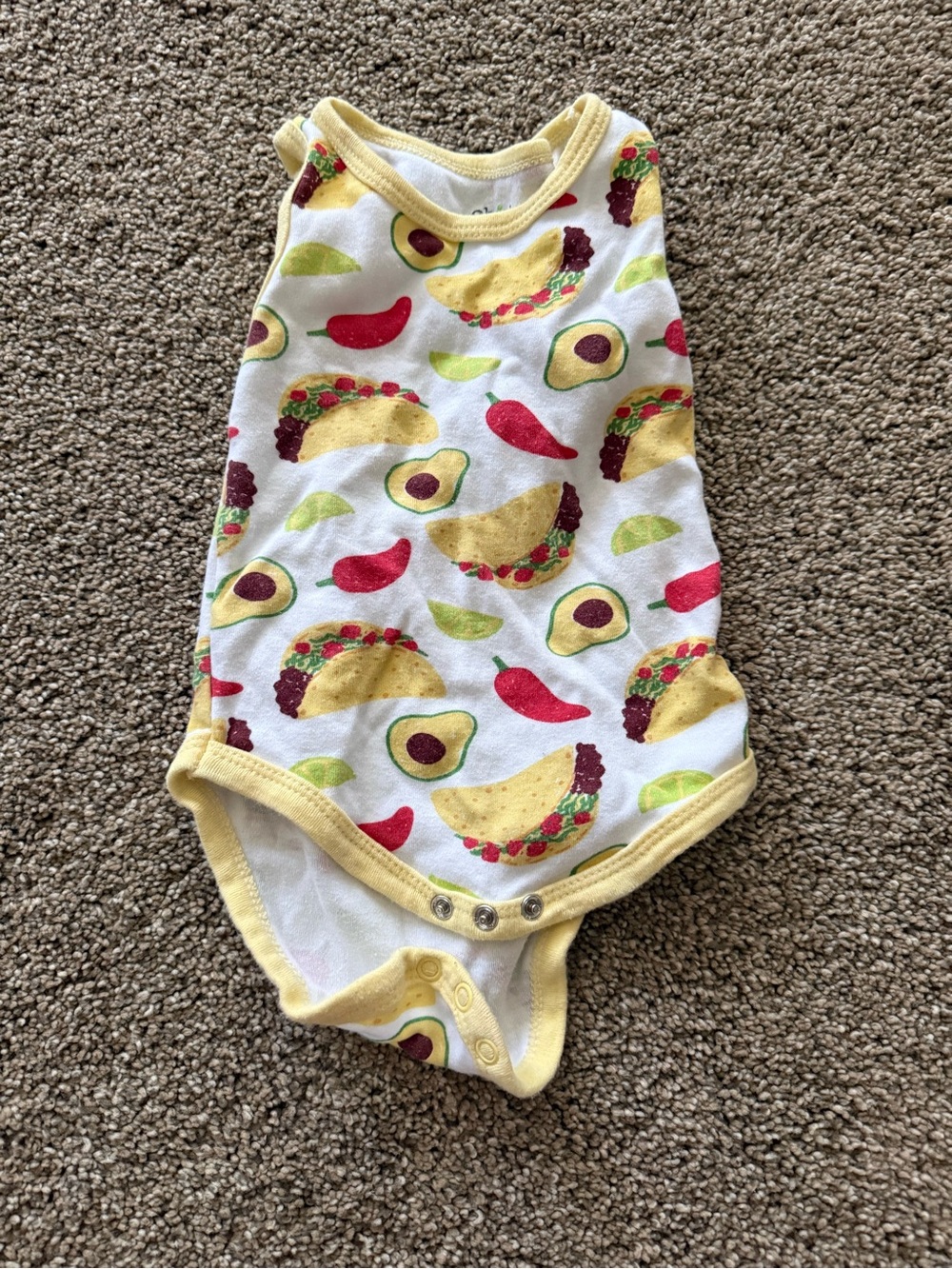 Yellow Trim Taco & Avocado Print One-Piece for Kids 3-6 month chick pea